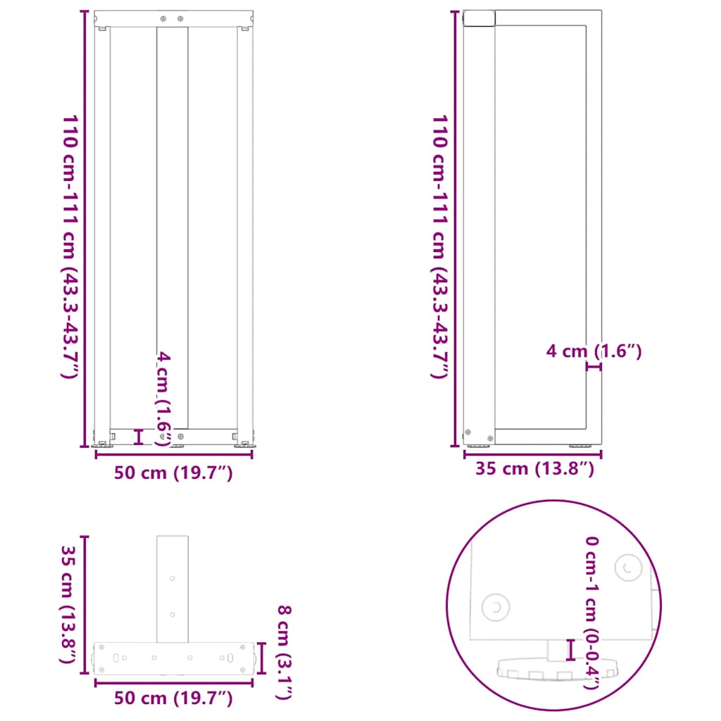 Barbordsben T-formad 2 st antracit 50x35x(111-112) cm stål