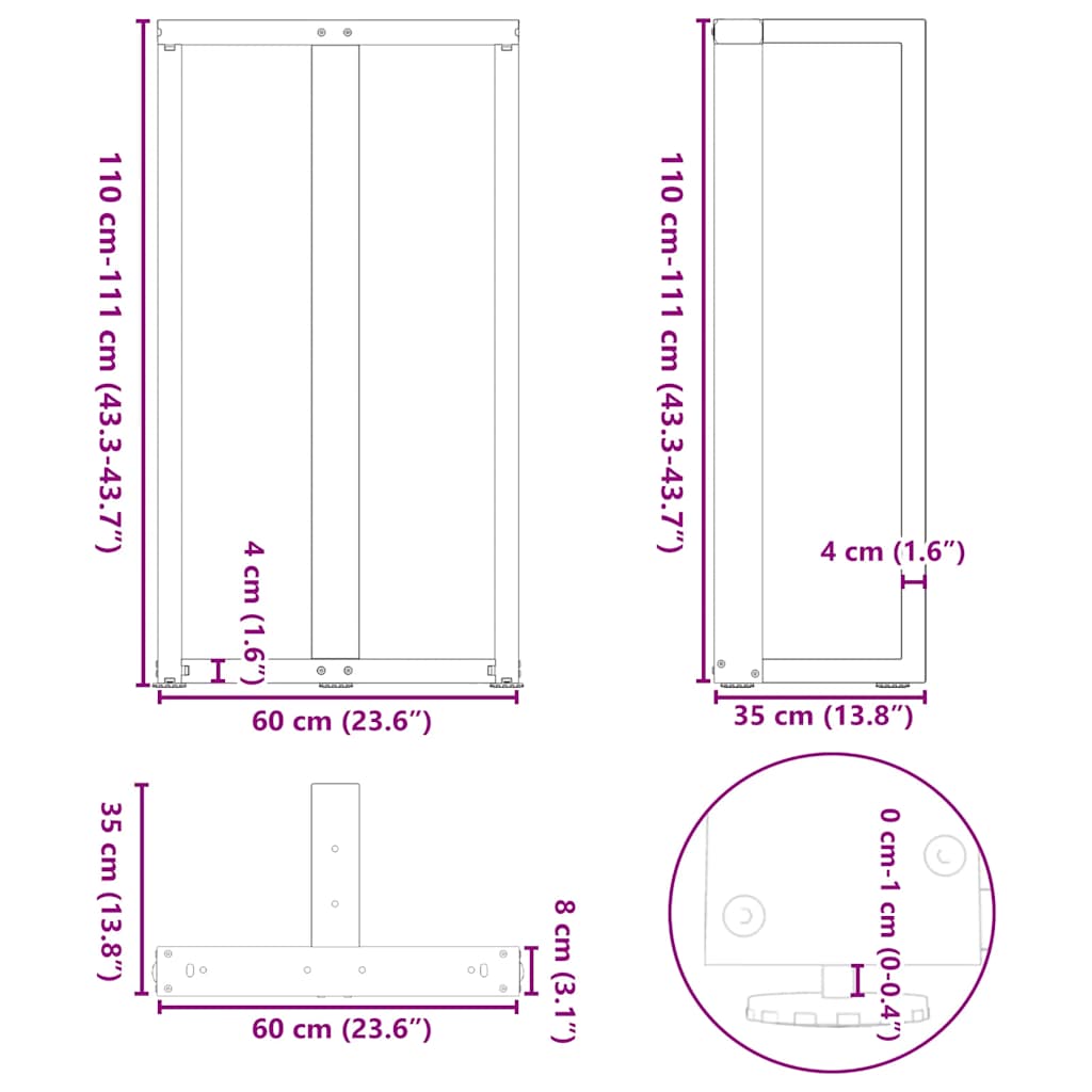 Barbordsben T-formad 2 st svart 60x35x(111-112) cm stål