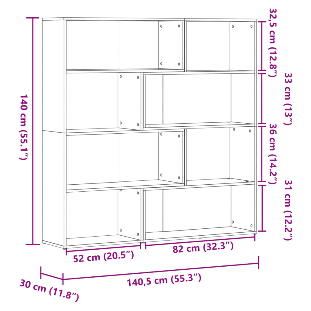 Bokhylla rökfärgad ek hörn 4 hyllplan 85x85x140 cm