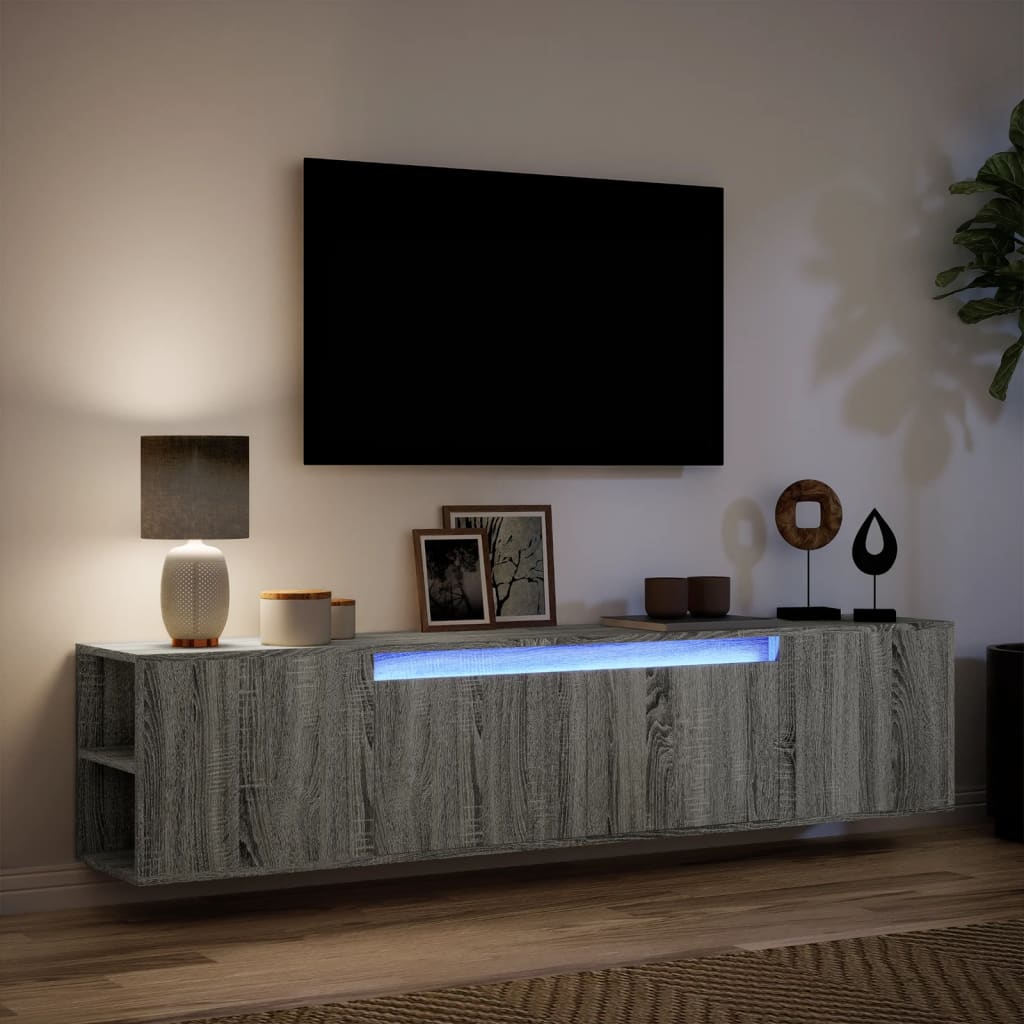 TV-möbel grå sonoma 180x31x39,5 cm Väggmonterad TV-bänk LED