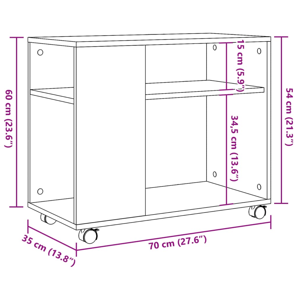 Sidobord vit med hjul 70x35x60 cm