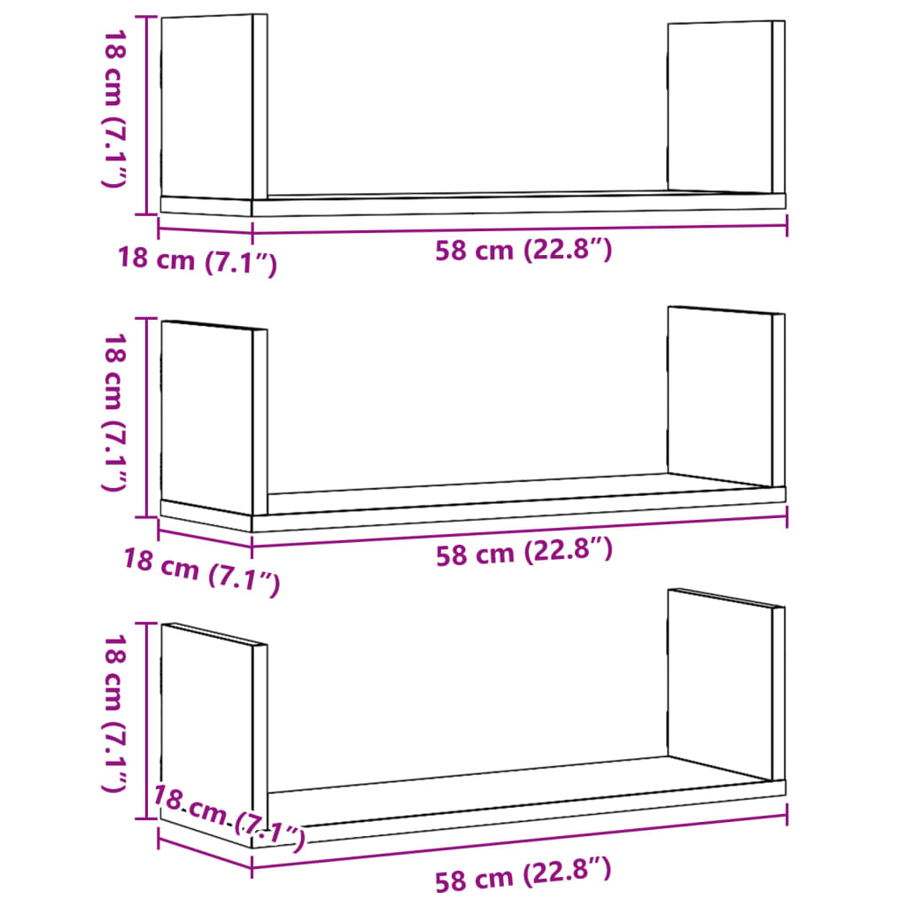 Seinähyllyt mustat 58x18x18 cm 3 kpl