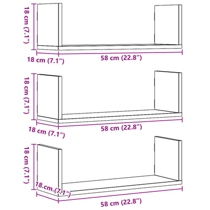 Seinähyllyt mustat 58x18x18 cm 3 kpl