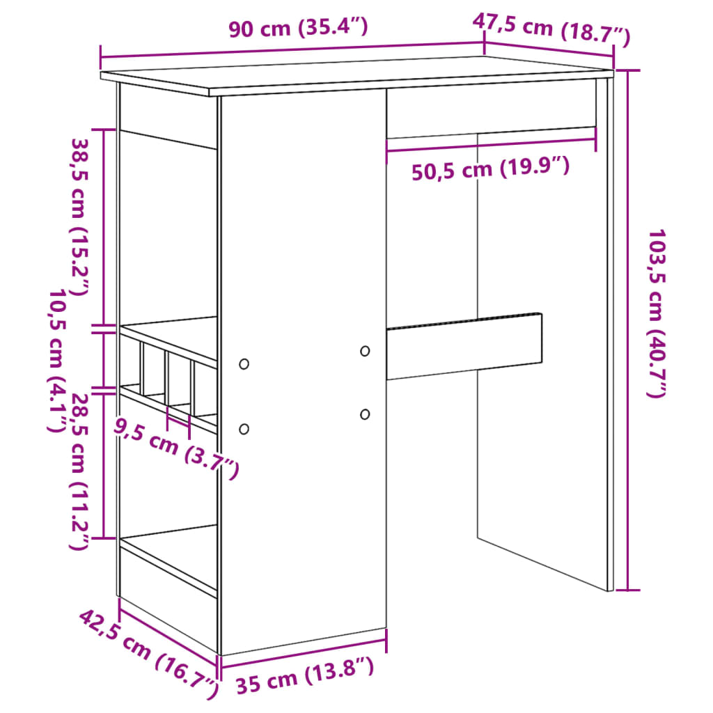 Barbord bistrobord brun ek med hyllor 90x47,5x103,5 cm