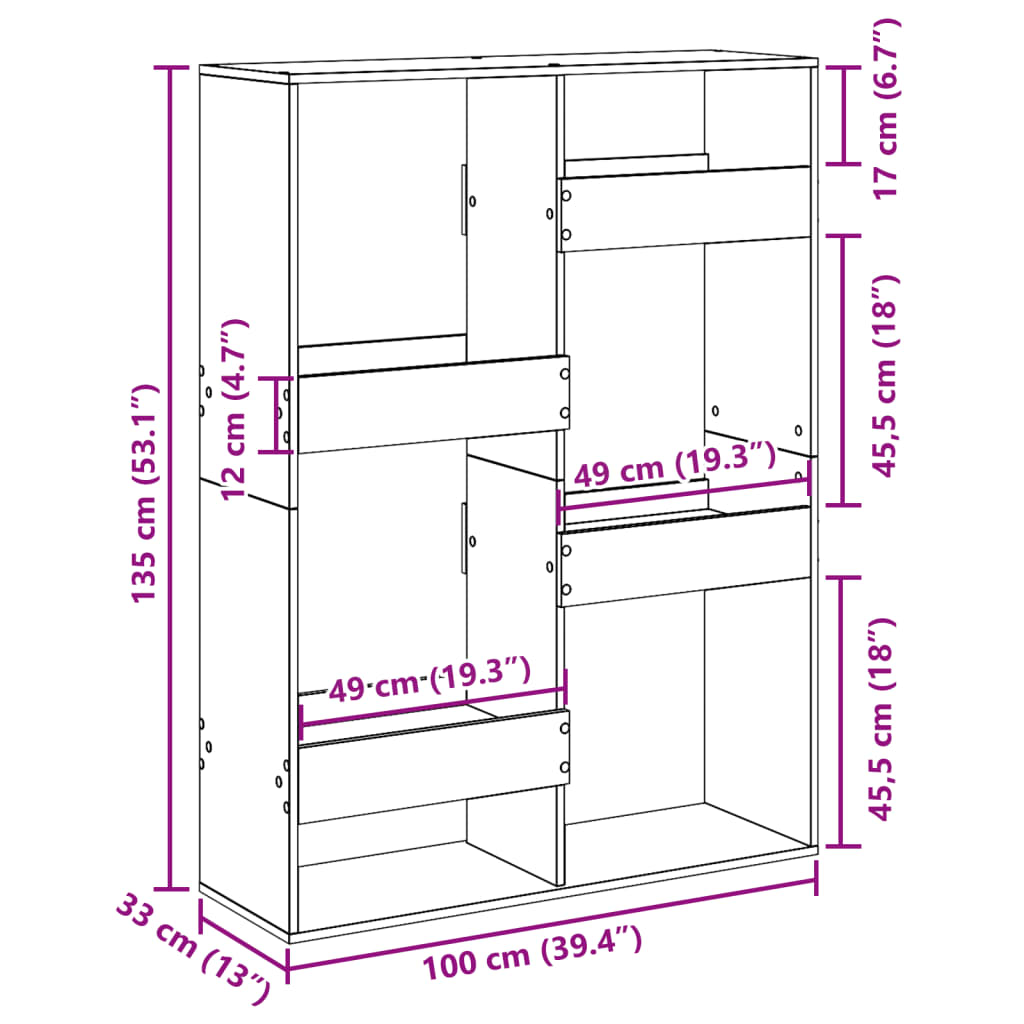 Kirjahylly betonin harmaa 100x33x135 cm