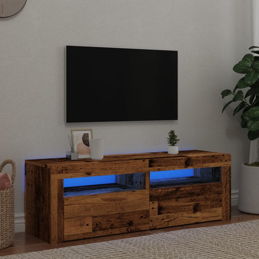 TV-möbel åldrat trä TV-bänk med LED-lampor 120x35x40 cm