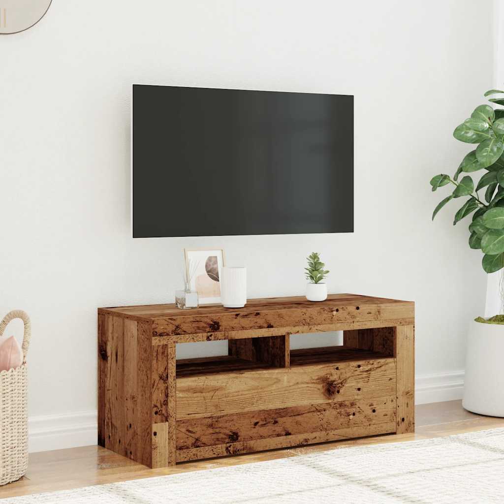 TV-möbel åldrat trä TV-bänk med LED-lampor 90x35x40 cm