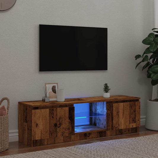 TV-möbel åldrat trä TV-bänk med LED-lampor 140x40x35,5cm