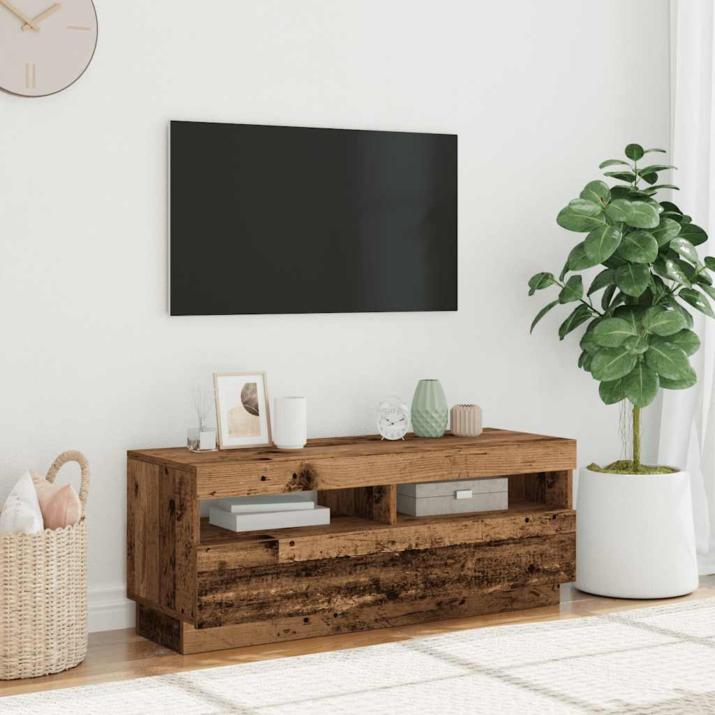 TV-möbel åldrat trä TV-bänk med LED-lampor 100x35x40 cm