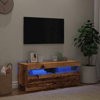 TV-möbel åldrat trä TV-bänk med LED-lampor 100x35x40 cm