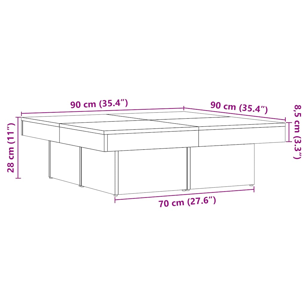 Soffbord åldrat trä 90x90x28 cm konstruerat trä