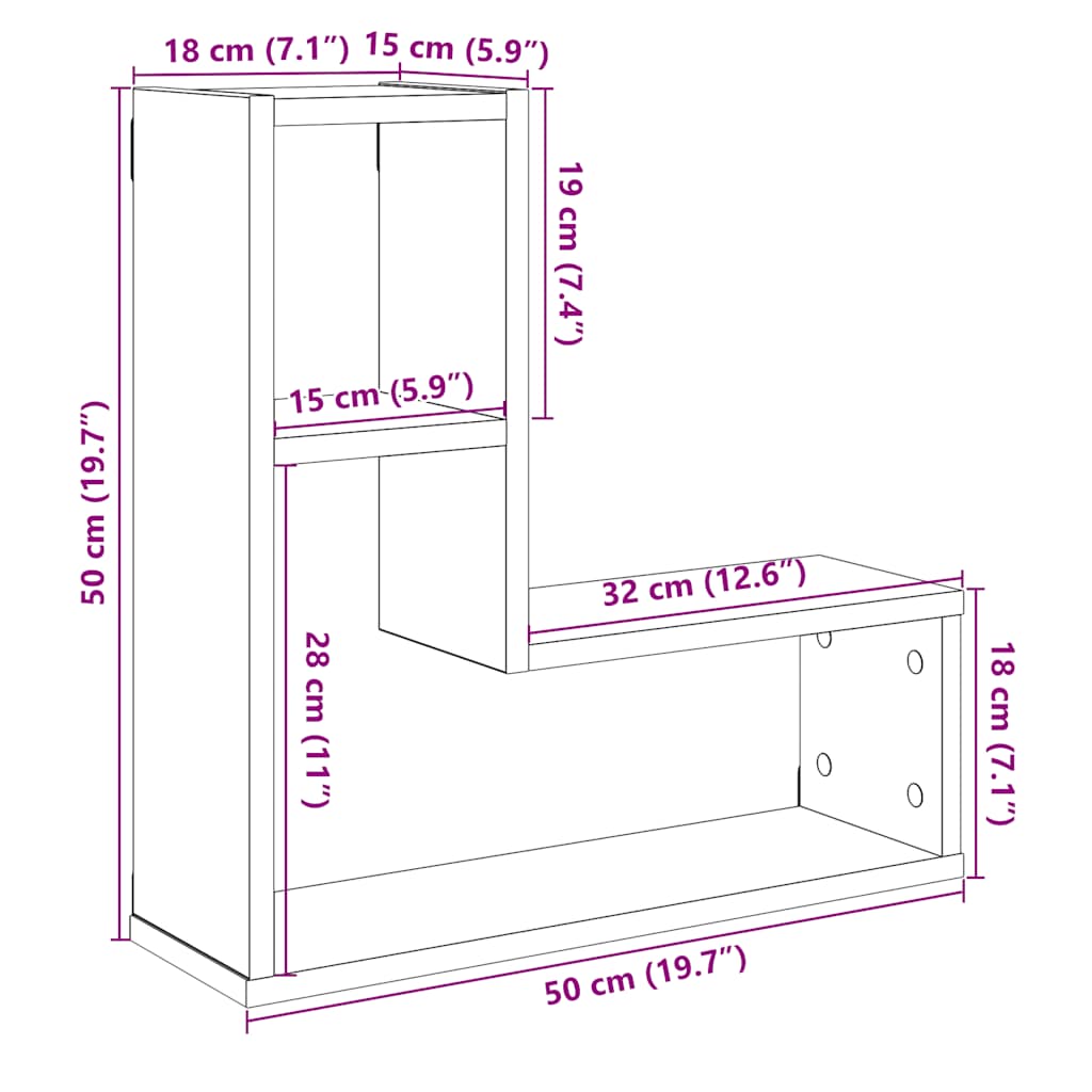 Vägghylla kubformad 2 st åldrat trä 50x15x50 cm konstruerat trä