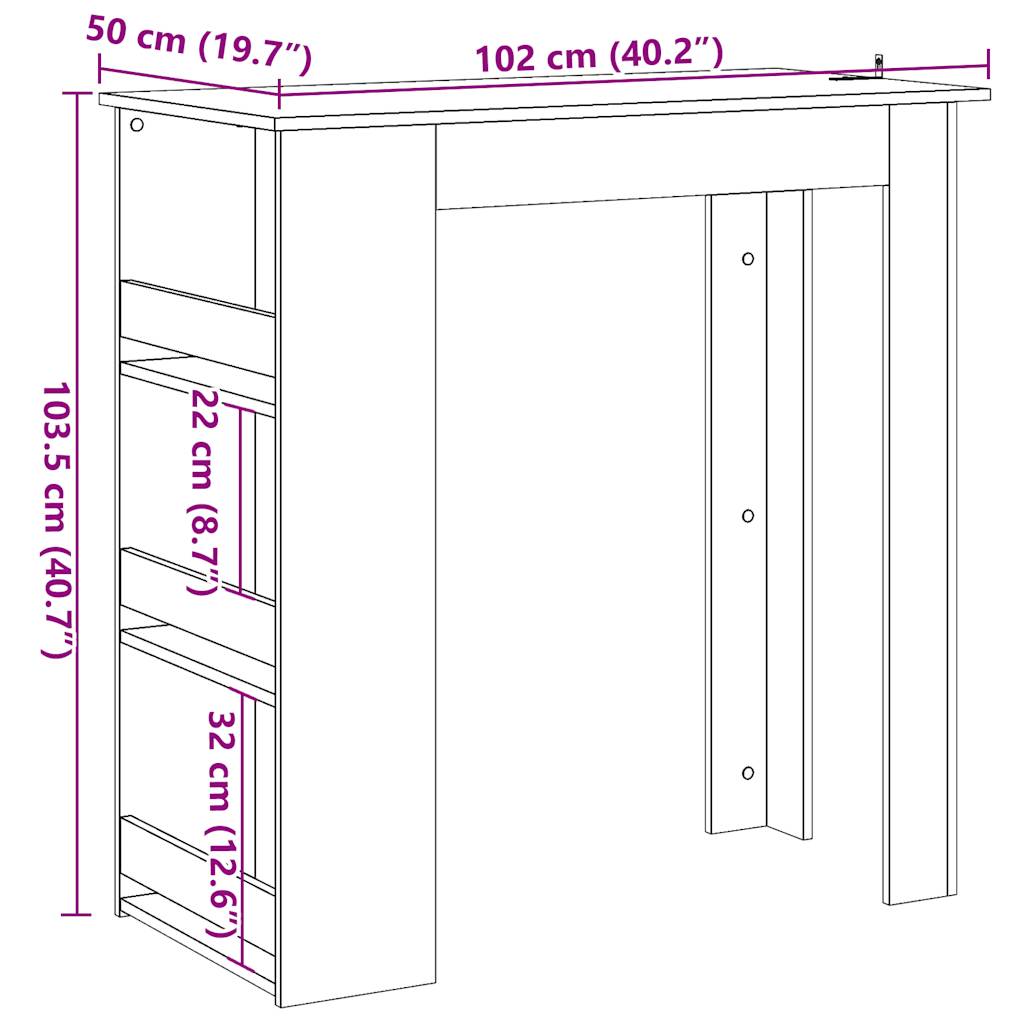 Barbord bistrobord åldrat trä med förvaringshyllor 102x50x103,5 cm