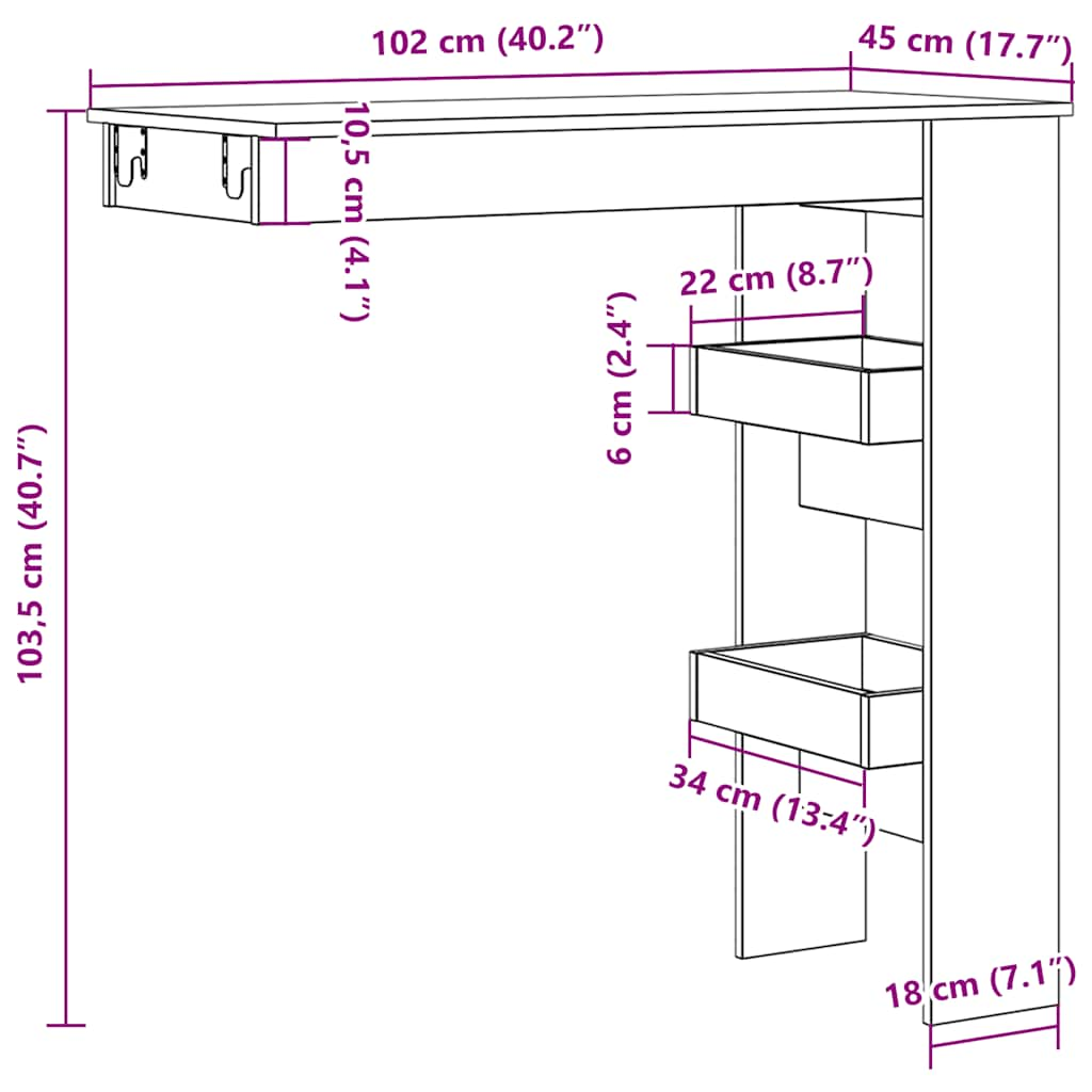 Barbord väggmonterat gammalt trä 102x45x103,5cm konstruerat trä