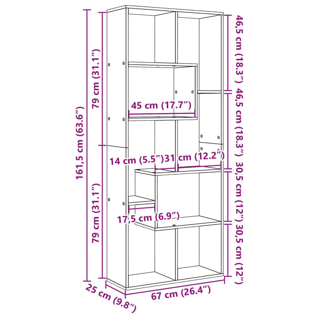 Kirjahylly/tilanjakaja betonin harmaa 67x25x161,5 cm