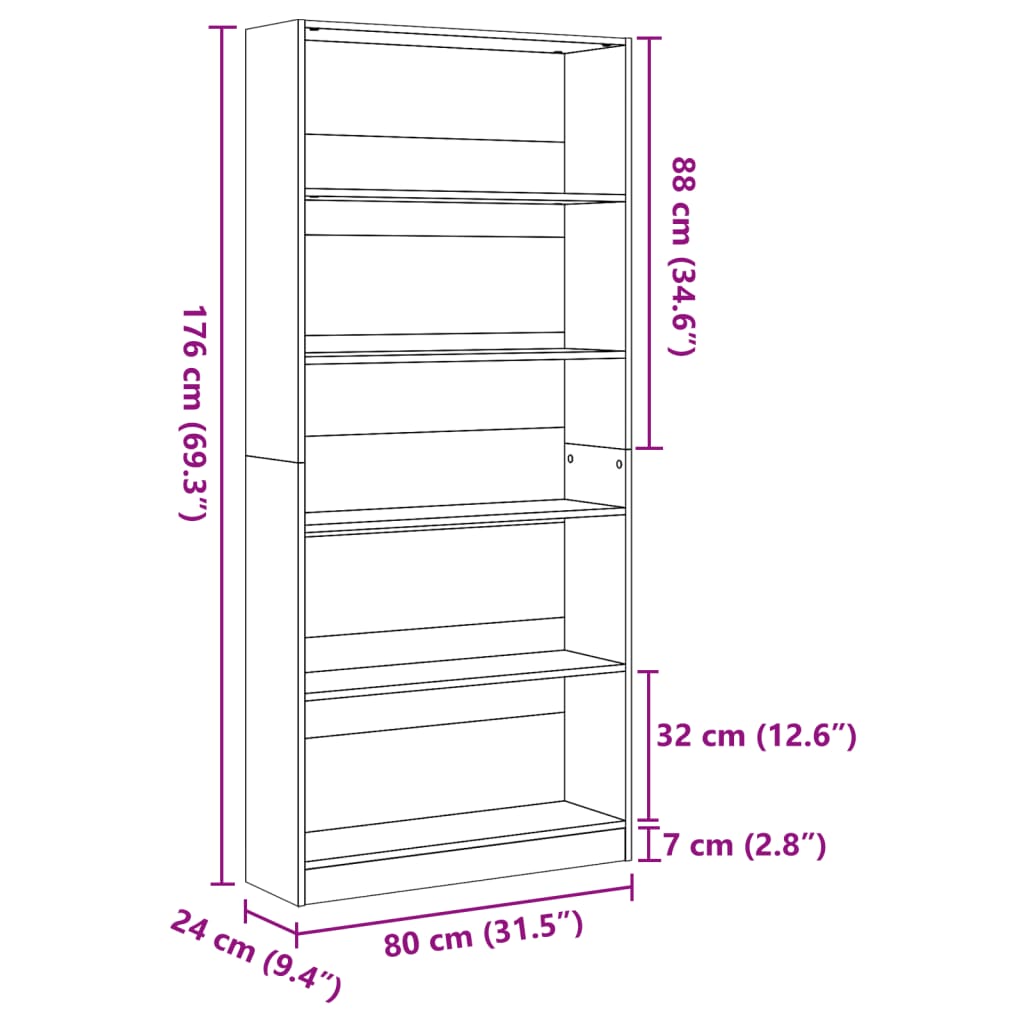 Kirjahylly betonin harmaa 80x24x176 cm tekninen puu