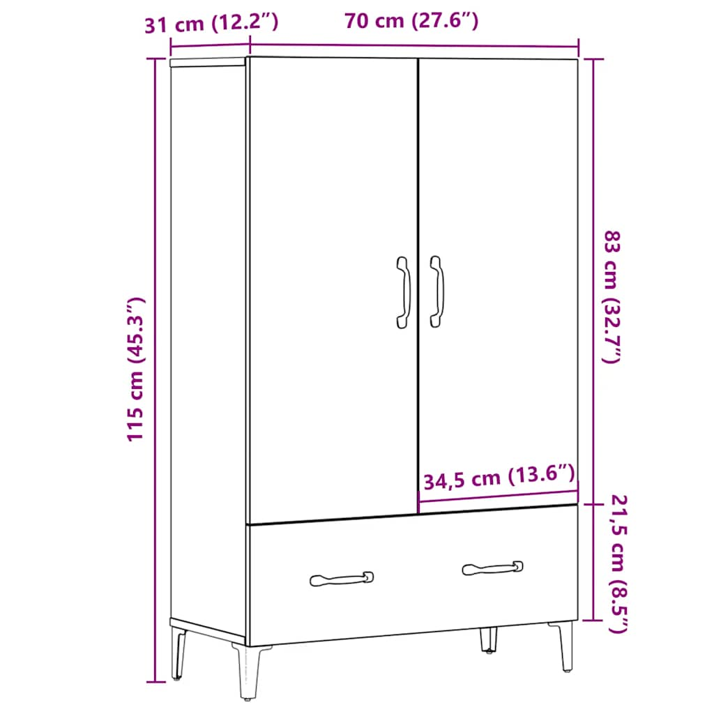 Högskåp artisan ek 70x31x115 cm konstruerat trä