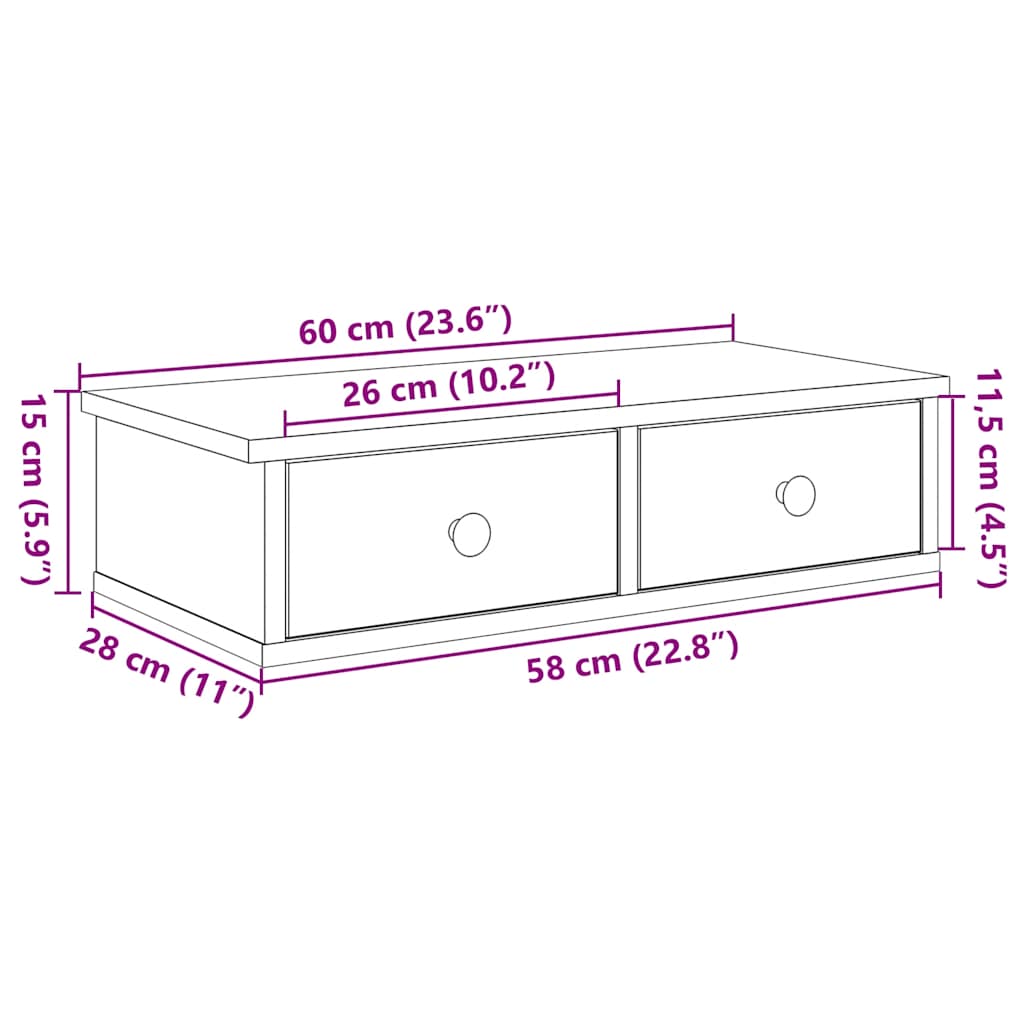 Vägghylla med lådor vit 60x25x15 cm konstruerat trä