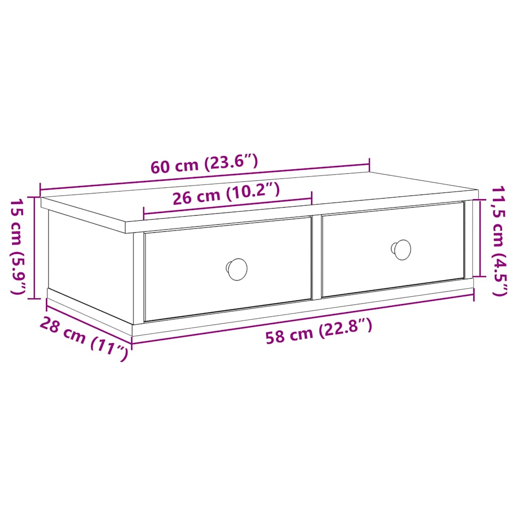 Vägghylla med lådor betonggrå 60x25x15 cm konstruerat trä