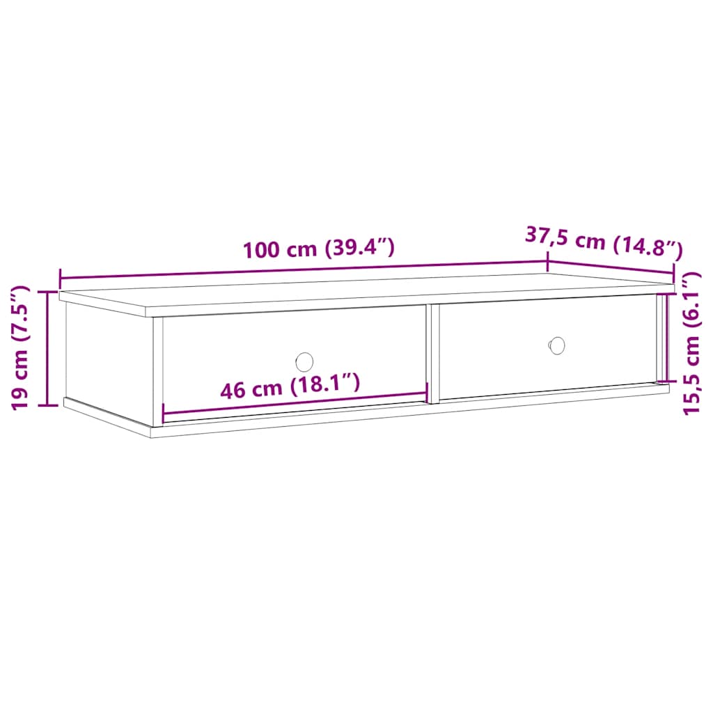 Vägghylla med lådor ek 100x37,5x19 cm konstruerat trä