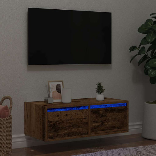 TV-möbel åldrat trä TV-bänk med LED-belysning 75x35,5x25 cm