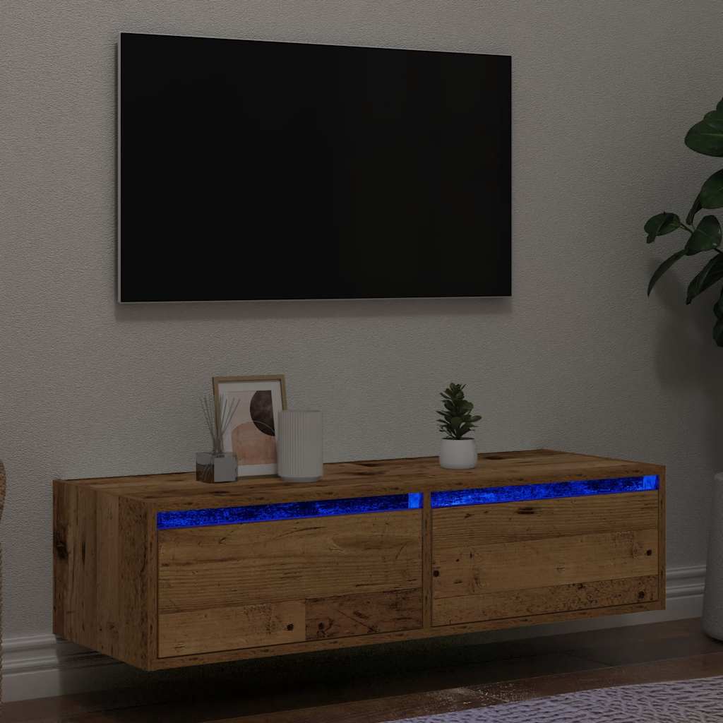 TV-möbel åldrat trä TV-bänk med LED-belysning 100X35,5x25 cm