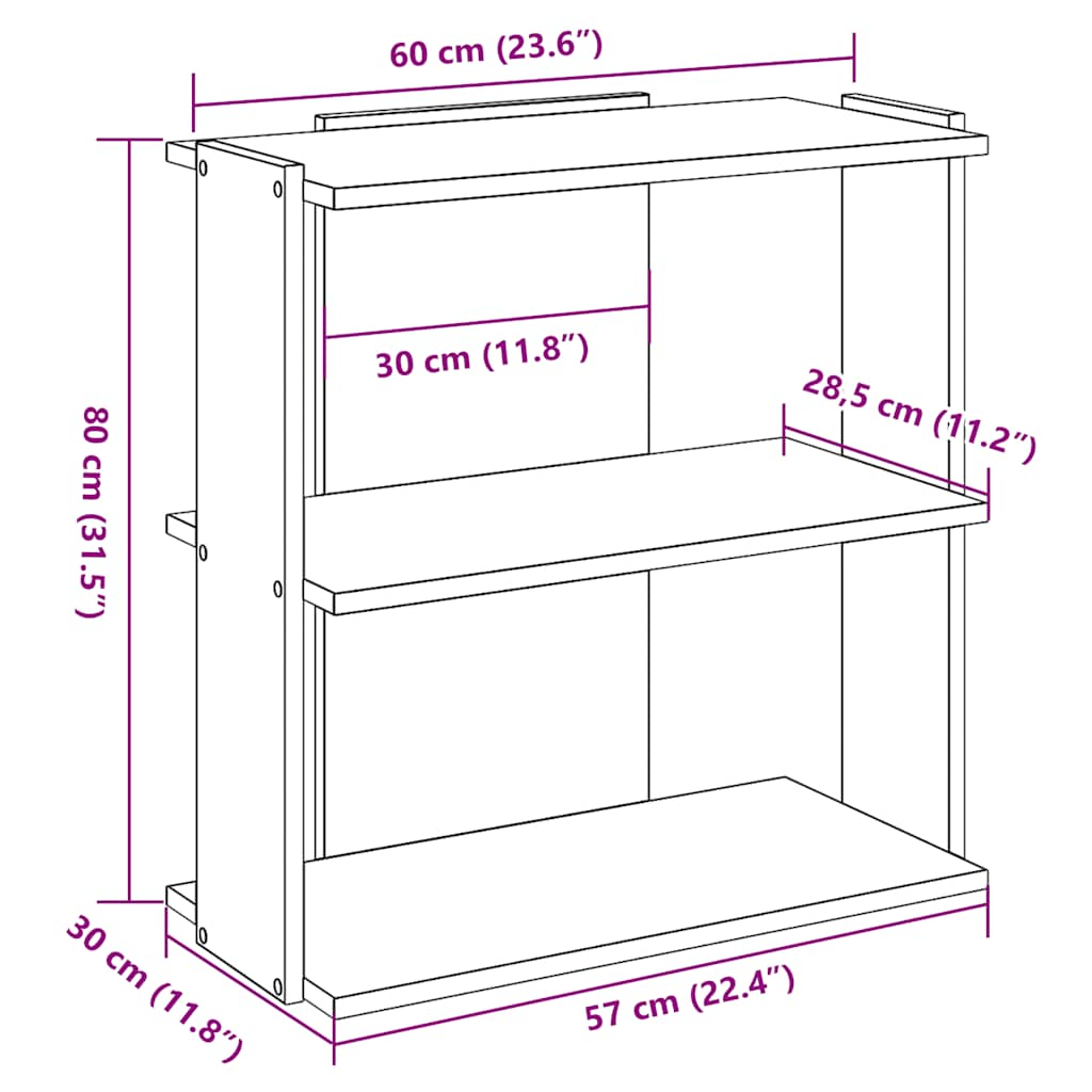 Bokhylla 3 hyllplan sonoma-ek 60x30x80 cm konstruerat trä