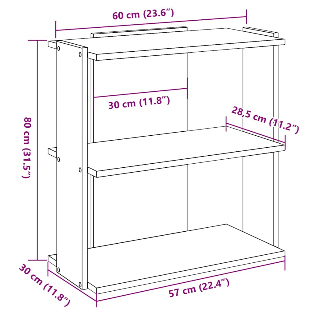 Bokhylla 3 hyllplan rökfärgad ek 60x30x80 cm konstruerat trä